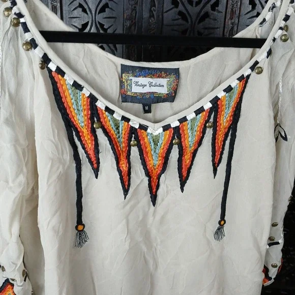 Vintage Collection Embroidered Beaded Boho Cream Rainbow Tunic Top Women Medium - Picture 2 of 10